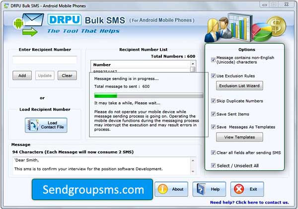 Screenshot of Bulk SMS Software for Android Phone
