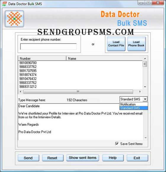 Screenshot of PDA Bulk Messaging Tool