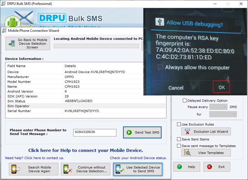 Allow USB debugging displays on mobile screen and Use Selected Device to Send SMS