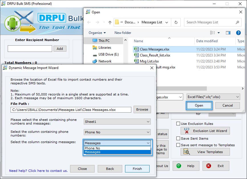 Browse excel file containing phone numbers and their respective SMS