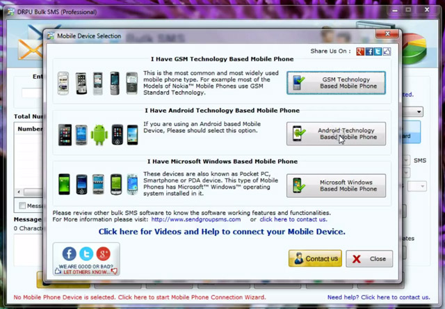 Select Android Technology Based Mobile Phone DRPU Bulk SMS Software