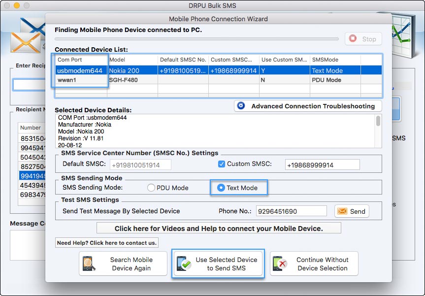 Use Selected Device to Send SMS