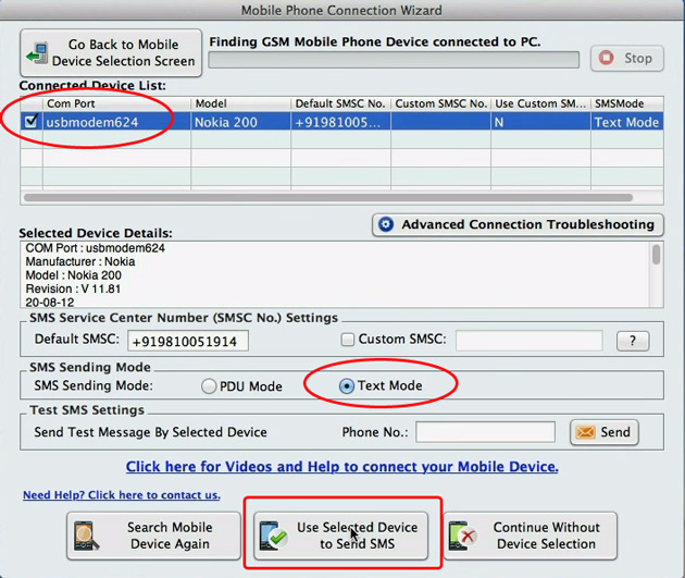 Use Selected Device to Send SMS