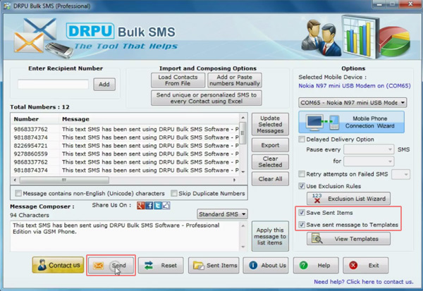 Click Send button to send SMS