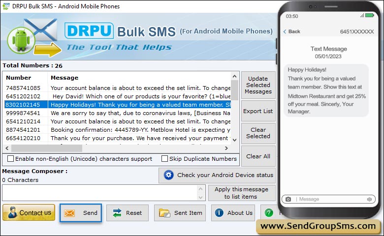 Bulk SMS Android Mobile Phones