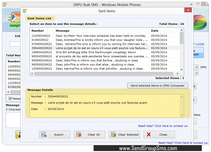 Sent Items List Sent Items List