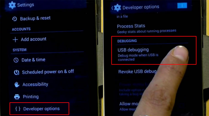 Tap Developer options and check on USB debugging
