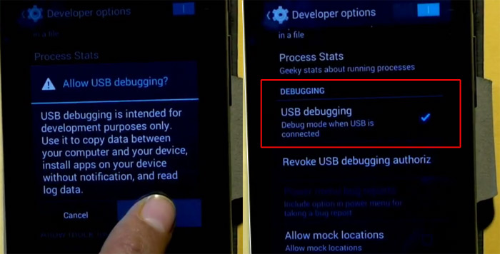 Tap OK to enable USB debugging mode