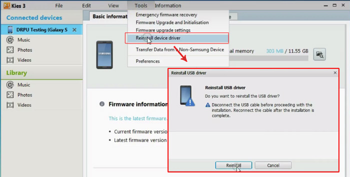 Open Kies 3 software and Reinstall device drivers